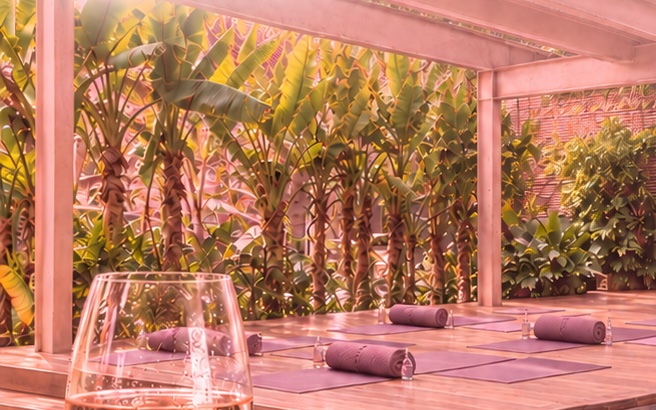 Deck de madeira com tapetes de pilates entre plantas e uma taça de vinho rosé