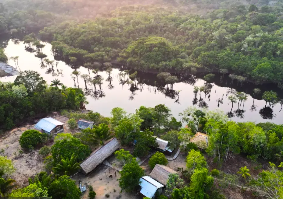 Vista aérea da pousada de selva, com chalés entre as árvores à beira do rio