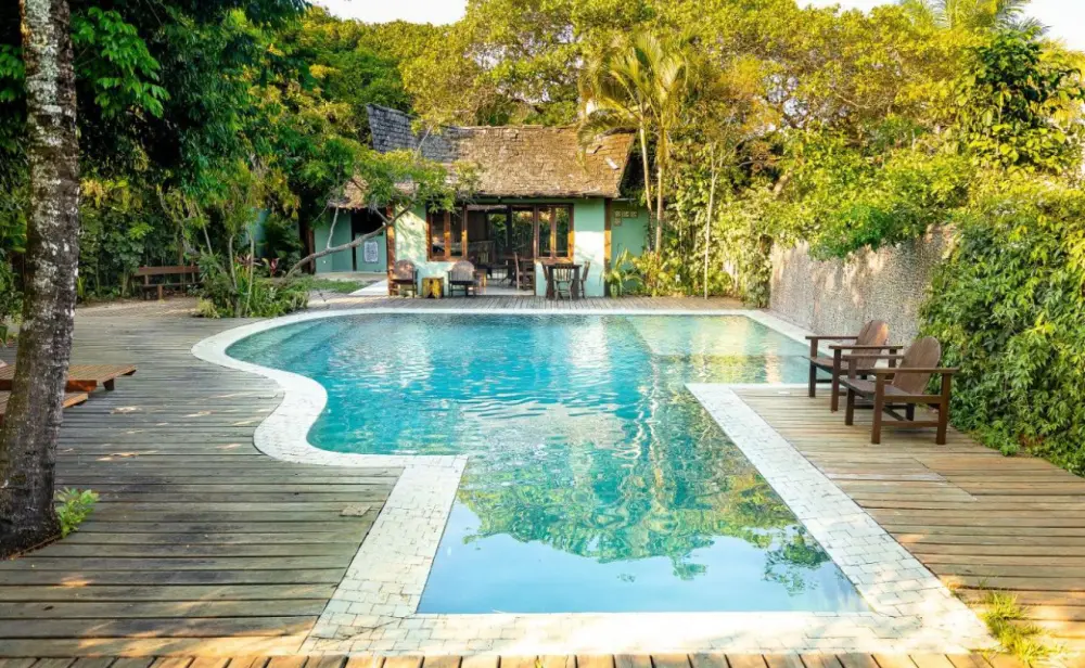 Piscina de formas orgânicas da pousada cercada de jardim tropical
