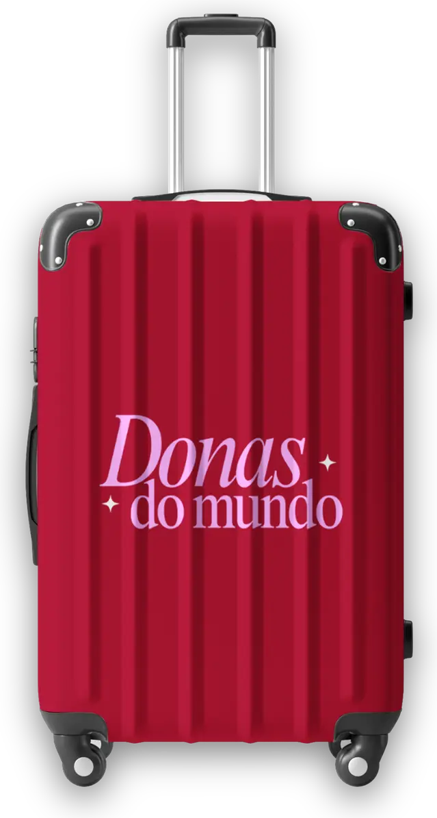 Mala vermelha com o logo Donas do Mundo em rosa