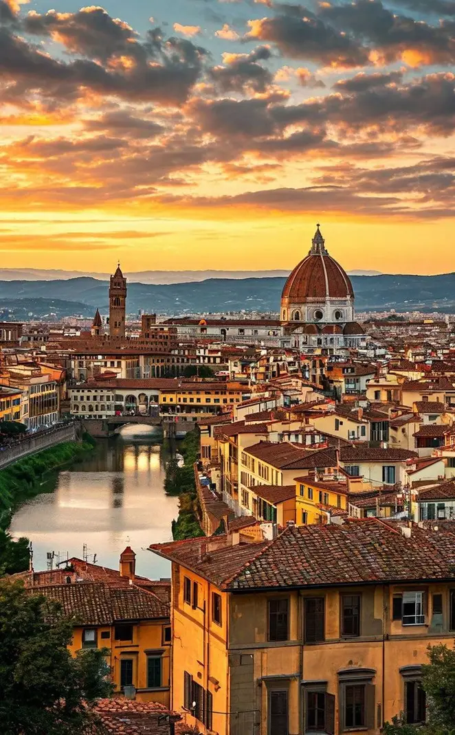Vista de Florença ao entardecer, com a cúpula do Duomo e o rio Arno