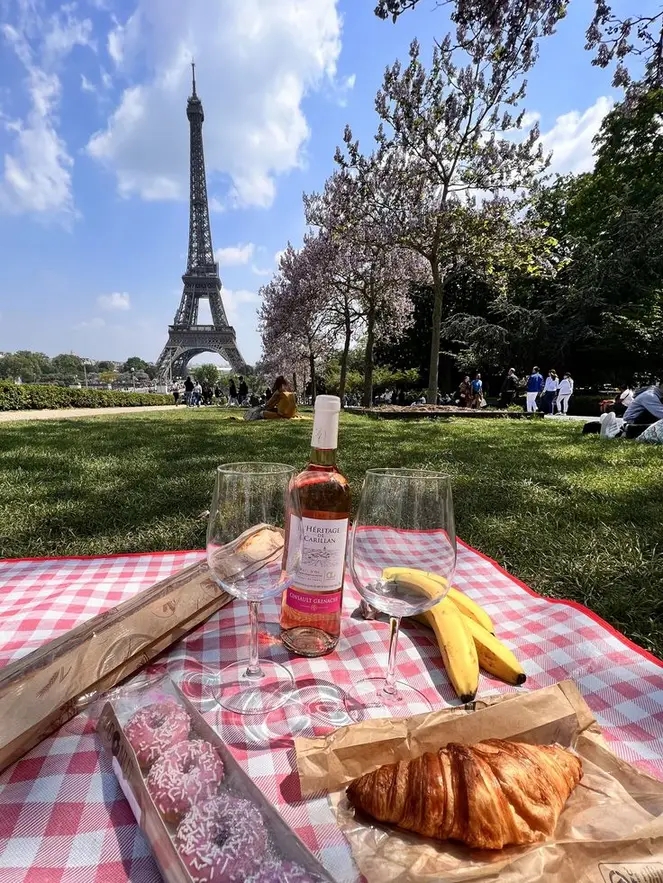 Piquenique com toalha xadrez, vinho rosé e croissants em um gramado com a Torre Eiffel ao fundo